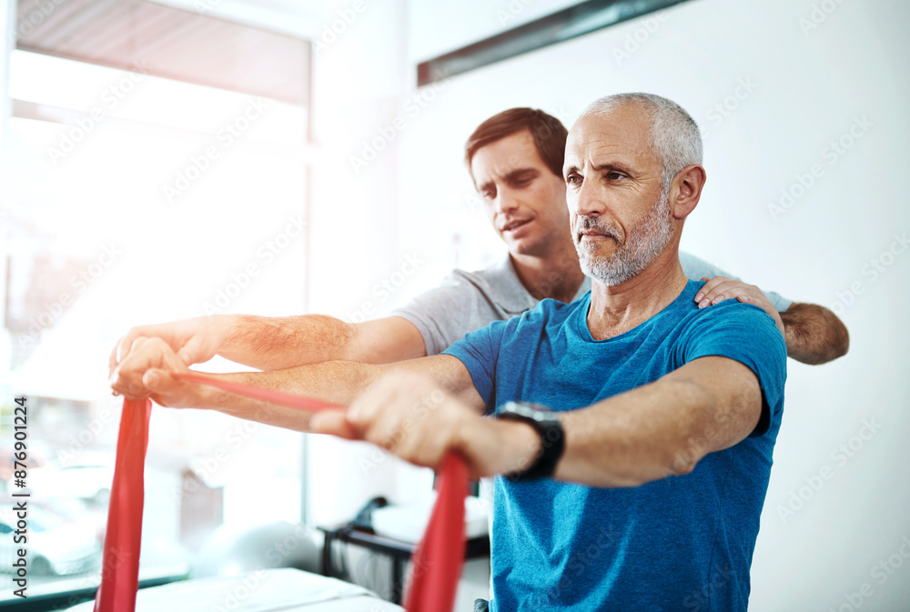 Poster Men, physiotherapy and mature patient with resistance band for stretching for rehabilitation and support on injury. People, healthcare and help for wellness or wellbeing at clinic for trust and care