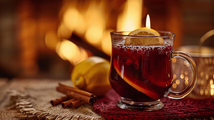 Mulled wine with lemon and cinnamon against the background of a fireplace
