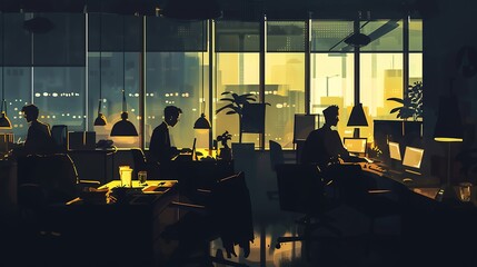 Silhouettes of three people working late in a modern office with a city view.