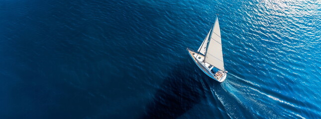 Sailing yacht in clear blue sea, aerial view, minimalist seascape, luxury vacation concept