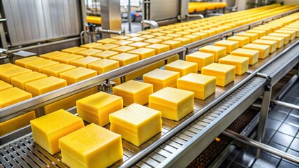 Cheeses In A Row On A Conveyor Belt In A Factory