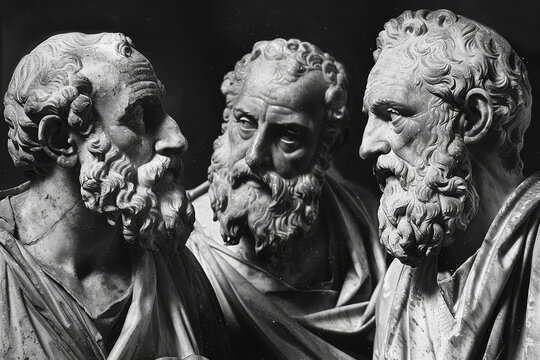 Dramatic representation of Plato and thinkers engaged in discourse