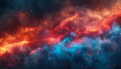 Vray-rendered digital illustration of a firestorm, featuring dynamic red and blue flames with intense burning sparks. Ultra-clear capture.