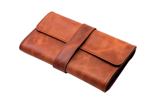 A Rustic Brown Leather Clutch With a Vintage Charm. on a White or Clear Surface PNG Transparent Background.