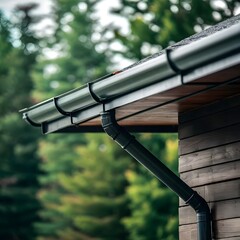 Newly Installed Gutter Downspout in Modern Home Professional Photo with Copy Space and Selective Focus. Concept Home improvement, Rain gutter, Downspout, Modern architecture, Copy ... See More

