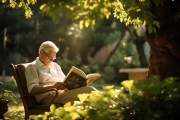 Fototapeta premium Elderly man enjoying a book in a serene garden setting surrounded by lush greenery reading publication relaxation.