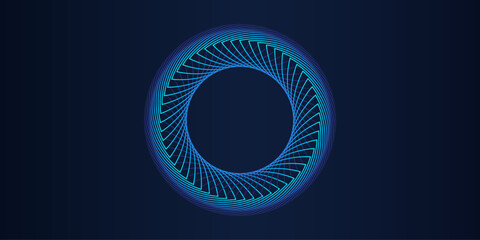 Abstract glowing circle line pattern spin blue green light isolated on dark background. Futuristic technology design template in concept of music, digital, science, AI