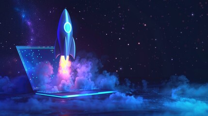 Digital illustration of rocket and laptop, background with blue neon light
