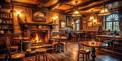 Cozy vintage pub interior with wooden furniture, dim lighting, fireplace, and classic decorations, pub, vintage, cozy, interior