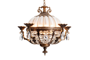 A Dazzling Crystal Chandelier With Ornate Brass Accents. on a White or Clear Surface PNG Transparent Background.