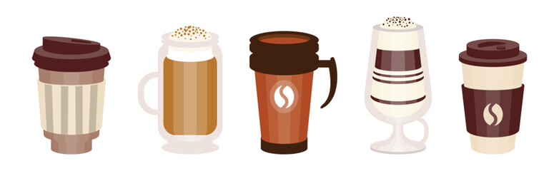 Aromatic Coffee Drink Type Poured in Cup Vector Set