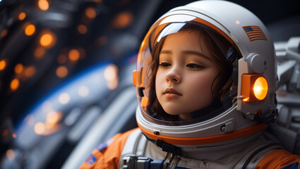 A young girl is wearing a white and orange astronaut suit with a clear visor. She has her eyes closed and is looking down. The background is blurry with out of focus lights.

