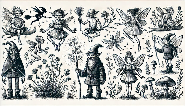 Goblins and fairies illustration with magical and spooky elements