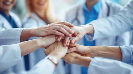 Group of dedicated healthcare professionals showcasing teamwork by stacking hands together