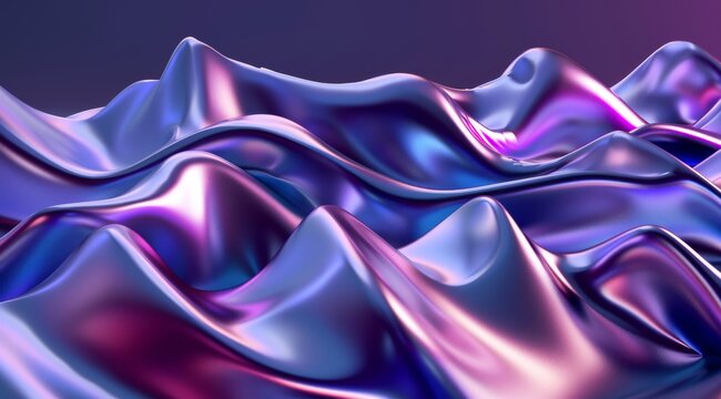 3d render of abstract glass background with wavy colorful shapes on purple and blue gradient. Shiny metallic texture, flowing lines and waves for design element