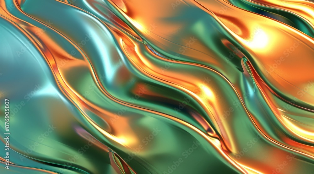Poster 3d render of abstract background with wavy colorful shapes on green and orange gradient. shiny metal