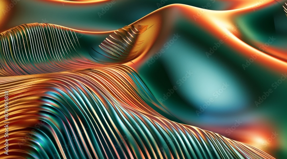 Poster 3d render of abstract background with wavy colorful shapes on green and orange gradient. shiny metal