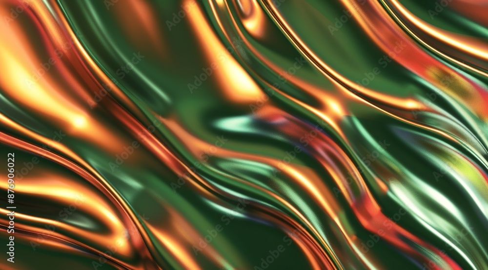 Poster 3d render of abstract background with wavy colorful shapes on green and orange gradient. shiny metal