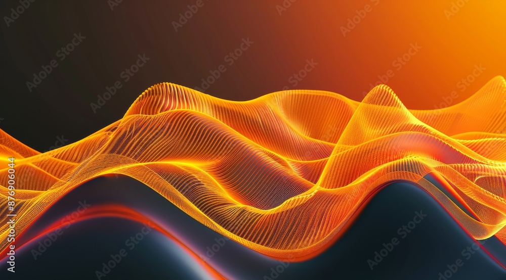 Poster 3d render of abstract background with wavy colorful digital network radio waves shapes on orange and