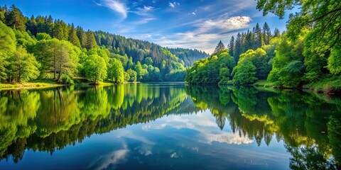 Tranquil lake surrounded by lush forest trees, nature, water, landscape, wilderness, trees, scenic, peaceful, reflection