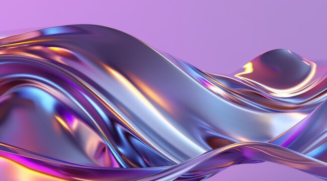 3d render of abstract glass background with wavy colorful shapes on purple and blue gradient. Shiny metallic texture, flowing lines and waves for design element