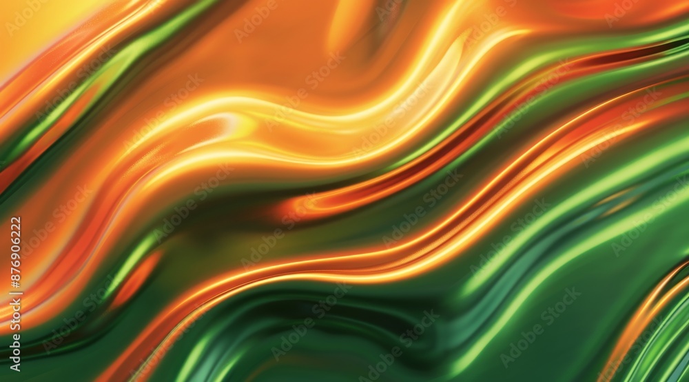 Poster 3d render of abstract background with wavy colorful shapes on green and orange gradient. shiny metal