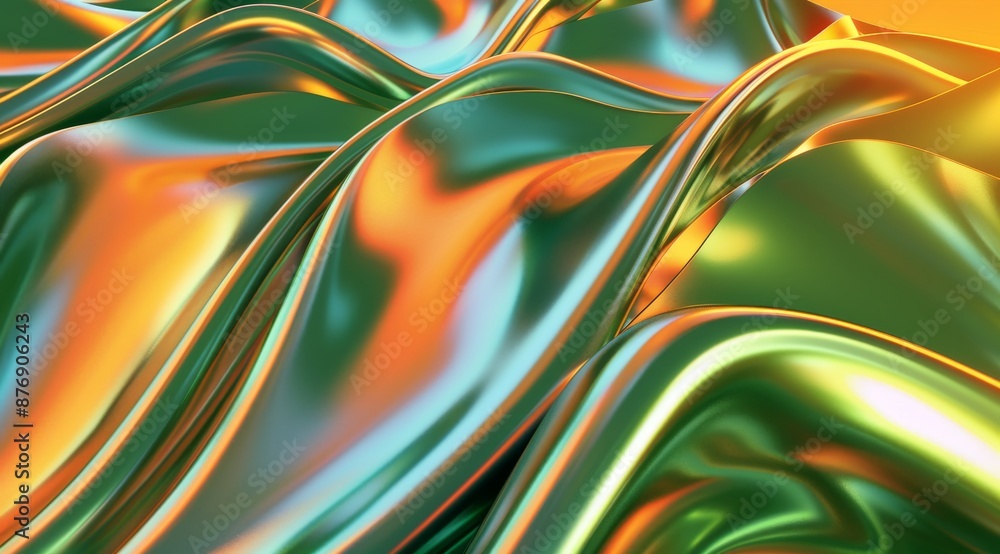 Poster 3d render of abstract background with wavy colorful shapes on green and orange gradient. shiny metal