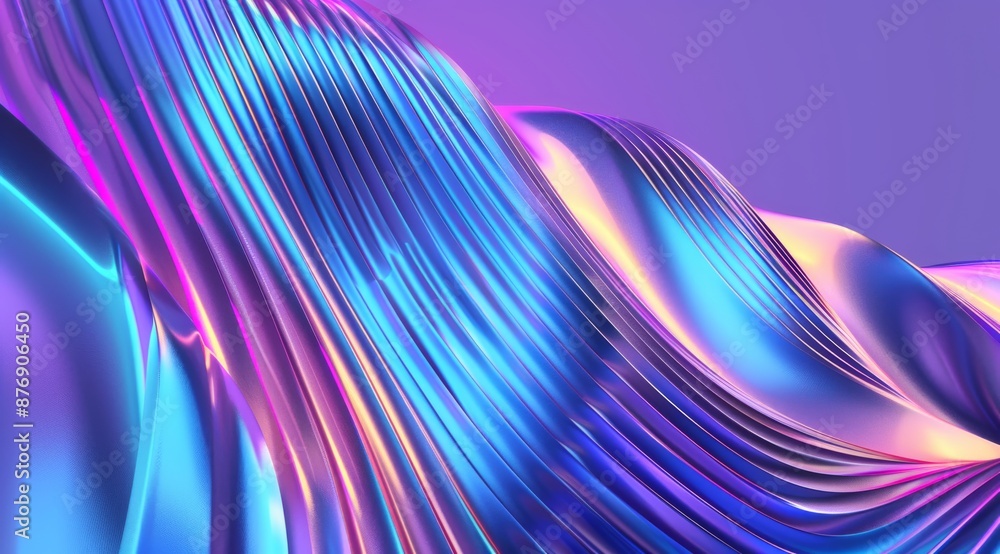Poster 3d render of abstract glass background with wavy colorful shapes ribbons on purple and blue gradient