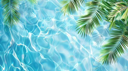 3D rendering of palm leaves shadow on the water surface in a swimming pool with a light blue background