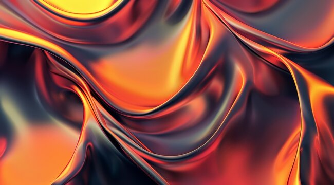 3d render of abstract glass metal background with wavy colorful shapes on orange and black gradient. Shiny metallic texture, flowing lines and waves for design element