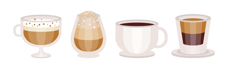 Aromatic Coffee Drink Type Poured in Cup Vector Set