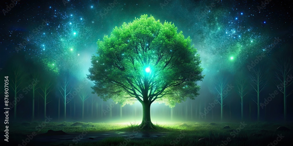 Poster Glowing tree emitting green light in dark forest, fantasy, magical, ethereal, enchanted, mystical, nature, beautiful