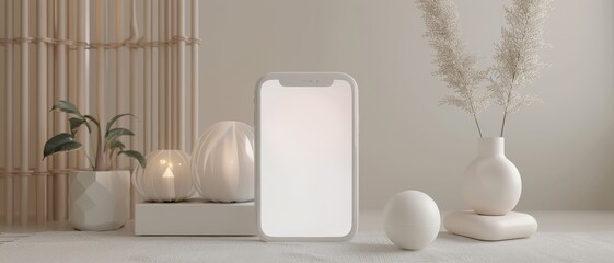 Minimalist smartphone mockup on a modern, elegant table with plants and decorative vases, perfect for showcasing apps or designs.
