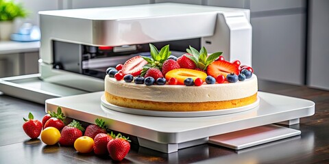 food printer creating a colorful cake topped with icing and fresh fruits, food technology, innovation