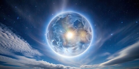 Fototapeta premium Moon halo shining brightly in the night sky with a ring of light surrounding it, moon, halo, night, sky, light, bright