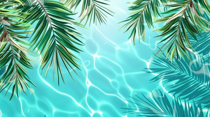 3D rendering of palm leaves shadow on the water surface in a swimming pool with a light blue background