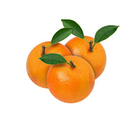 Ripe whole orange citrus fruit with green leaf isolated on white background. Orange with clipping path