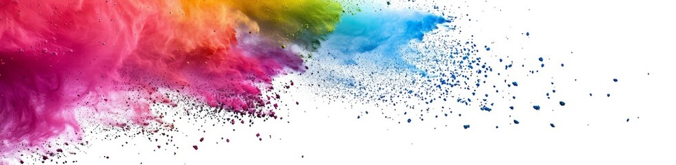 Obraz premium Rainbow colored powder explosion on white background, colorful paint dust splash. Abstract powder splatted background. Colorful explosion. Colored cloud. Colorful dust explode. Paint Holi