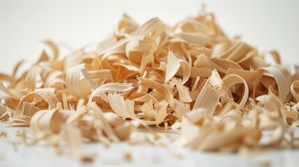 A pile of wood shavings arranged neatly on a white background, suitable for use in still life photography or as a prop in product images