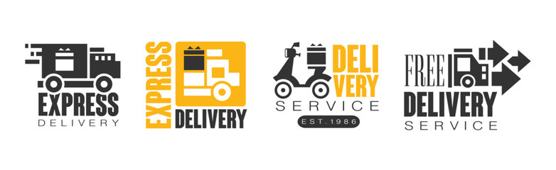 Delivery Service Label and Logo Black and Yellow Design Vector Set