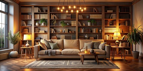 Cozy living room interior with a plush sofa, bookshelves, and warm lighting, living room, interior design, cozy