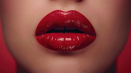 Fototapeta premium Red lipstick on woman s lips on a skin colored background