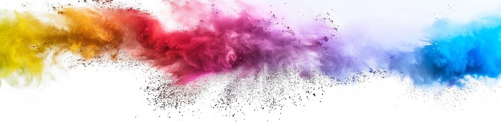 Obraz premium Rainbow colored powder explosion on white background, colorful paint dust splash. Abstract powder splatted background. Colorful explosion. Colored cloud. Colorful dust explode. Paint Holi