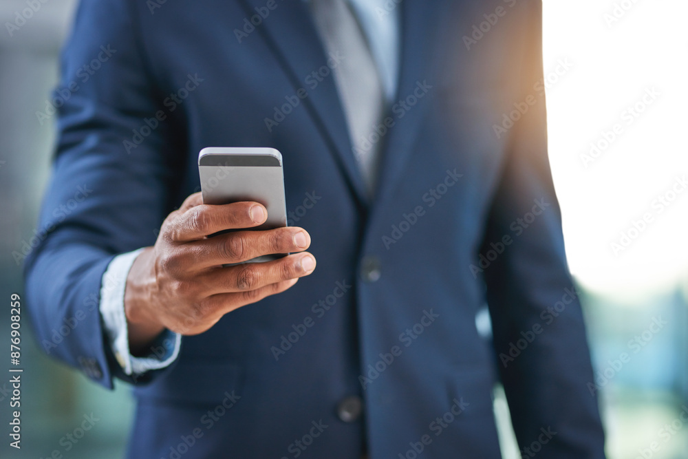 Aufkleber businessman, hand and smartphone or typing for communication with networking, reading email and noti
