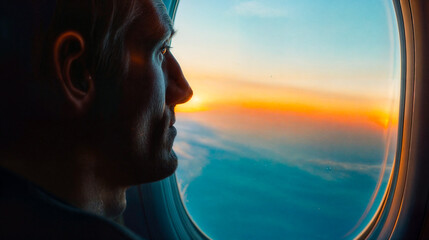 viajero despreocupado disfrutando de la libertad de volar, mirando el horizonte a través de la ventana del avión