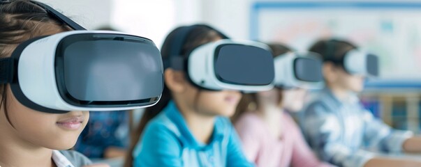 Editorial Photography style, group of students using VR headsets in a classroom, focused and engaged in a collaborative project, modern educational tools, innovative learning environment, capturing