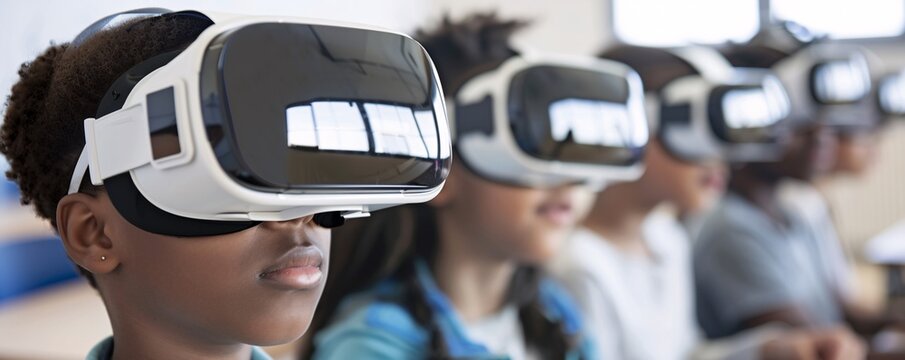 Editorial Photography style, group of students using VR headsets in a classroom, focused and engaged in a collaborative project, modern educational tools, innovative learning environment, capturing