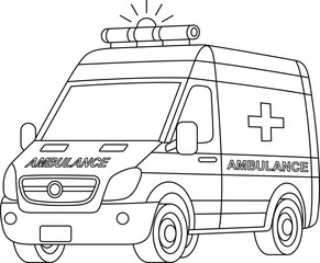 Ambulance car, emergency transportation outline coloring page for kids. Cute hospital vehicle clip art © Saly