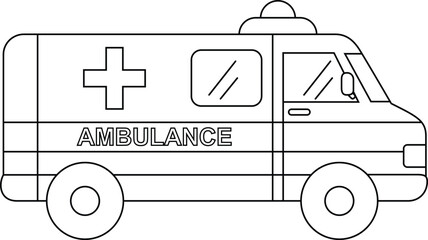 Ambulance car, emergency transportation outline coloring page for kids. Cute hospital vehicle clip art © Saly