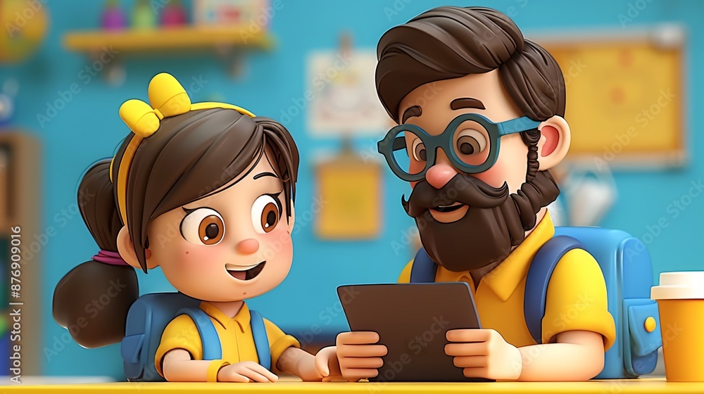 Aufkleber 3d character grandparent showing a grandchild how to use a tablet Stock Photo with copy space